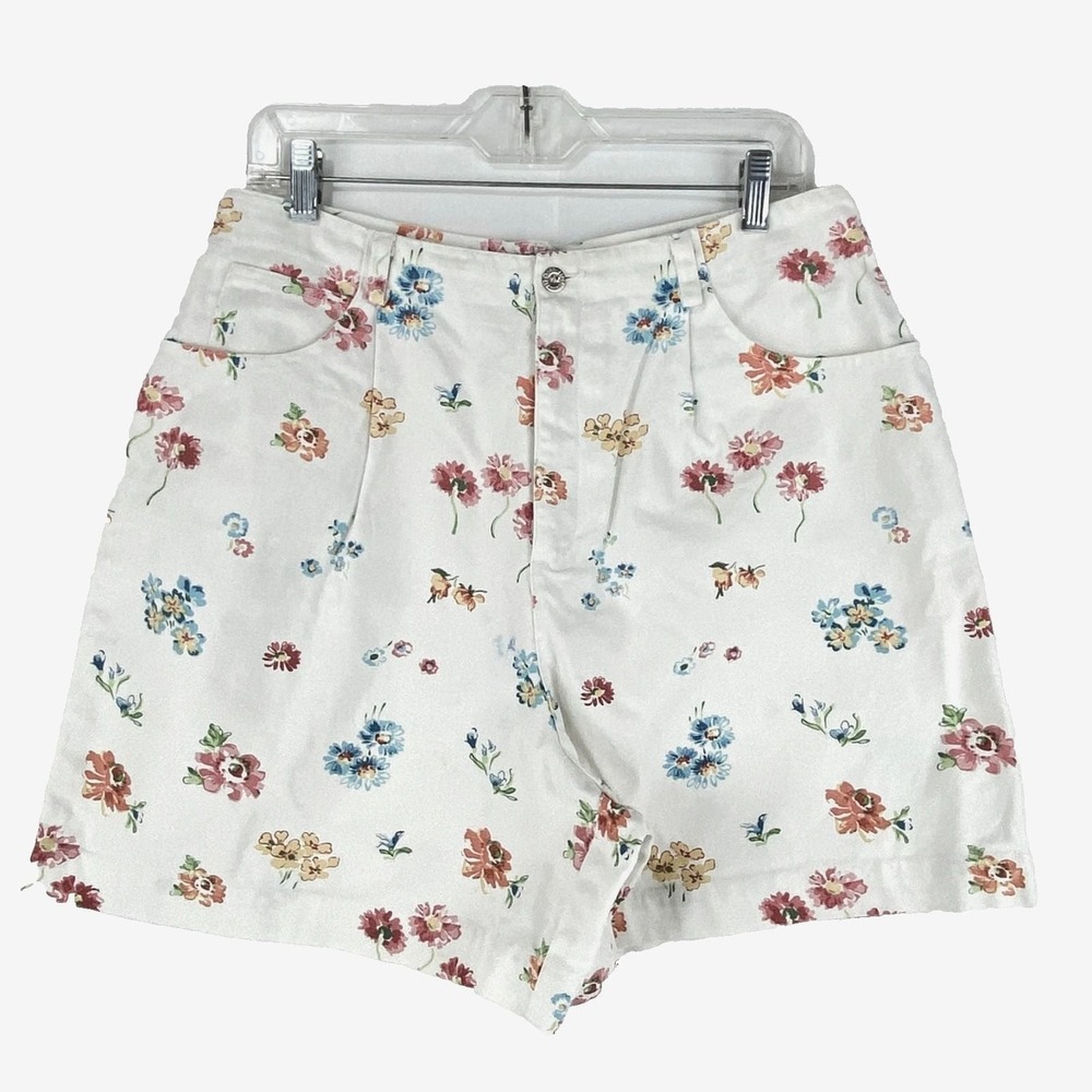 Liz Claiborne LIZSPORT  Denim Shorts Women's 14 Floral 5-Pocket Hi Rise White